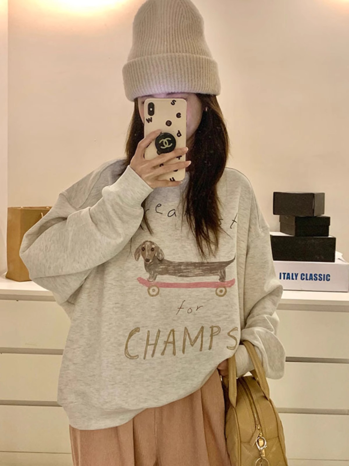 Chic Grey round Neck Sweatshirt Women Winter Large Size Lazy Sle Loose Slimming Trendy Ins Hatless Long Sleeve Top