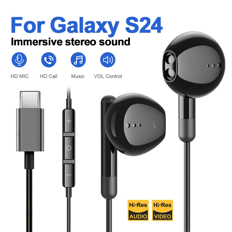 Para Galaxy S24 Ultra tipo C auriculares con cable con micrófono DAC Chip 3,5mm auricular S23 S22 S21 + Ultra note 20 10 Accesorios