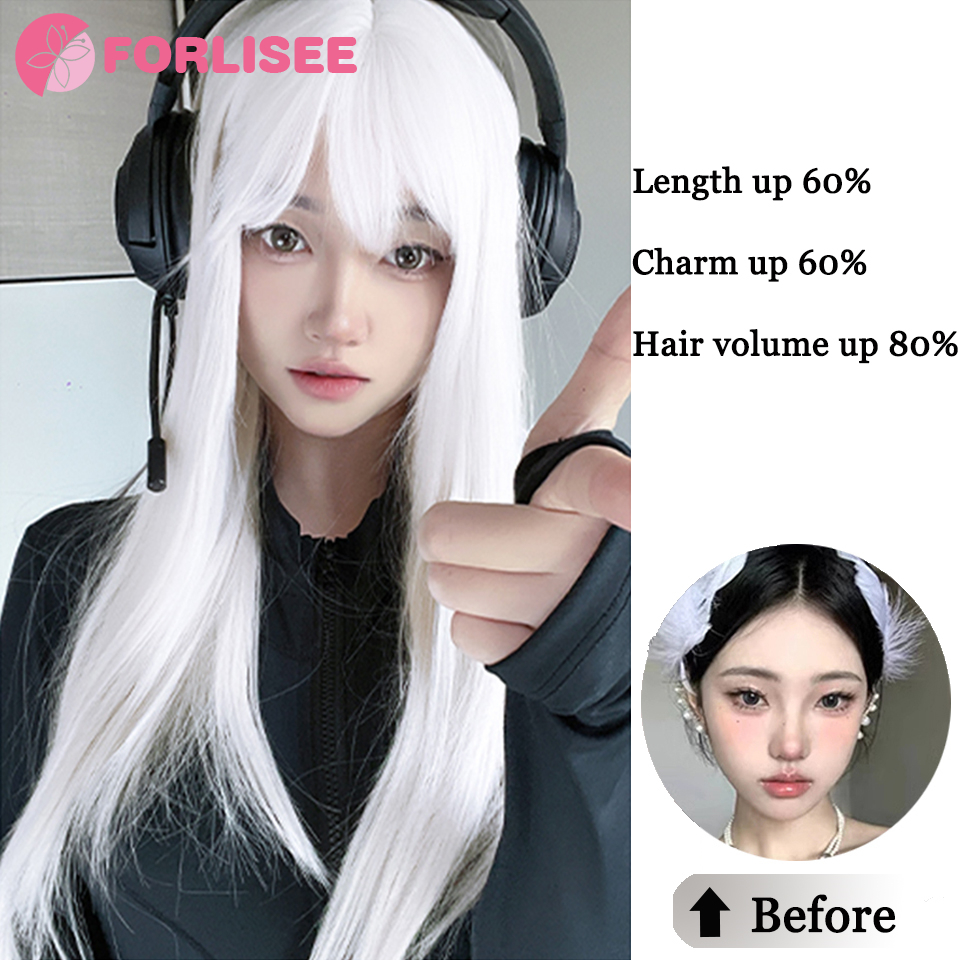 FORLISEE Weiße Perücke für Damen, langes Haar, volle Kopfbedeckung, Lolita, japanischer Cos Air Bang, langes glattes Haar, Perückenabdeckung