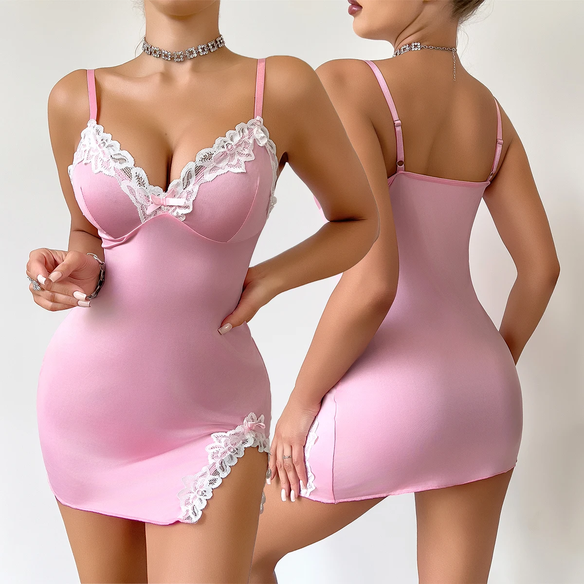Verão quente feminino camisola sedutora rosa profundo v sem mangas moda rendas sono pijamas vestido senhoras lingerie camisola homewear