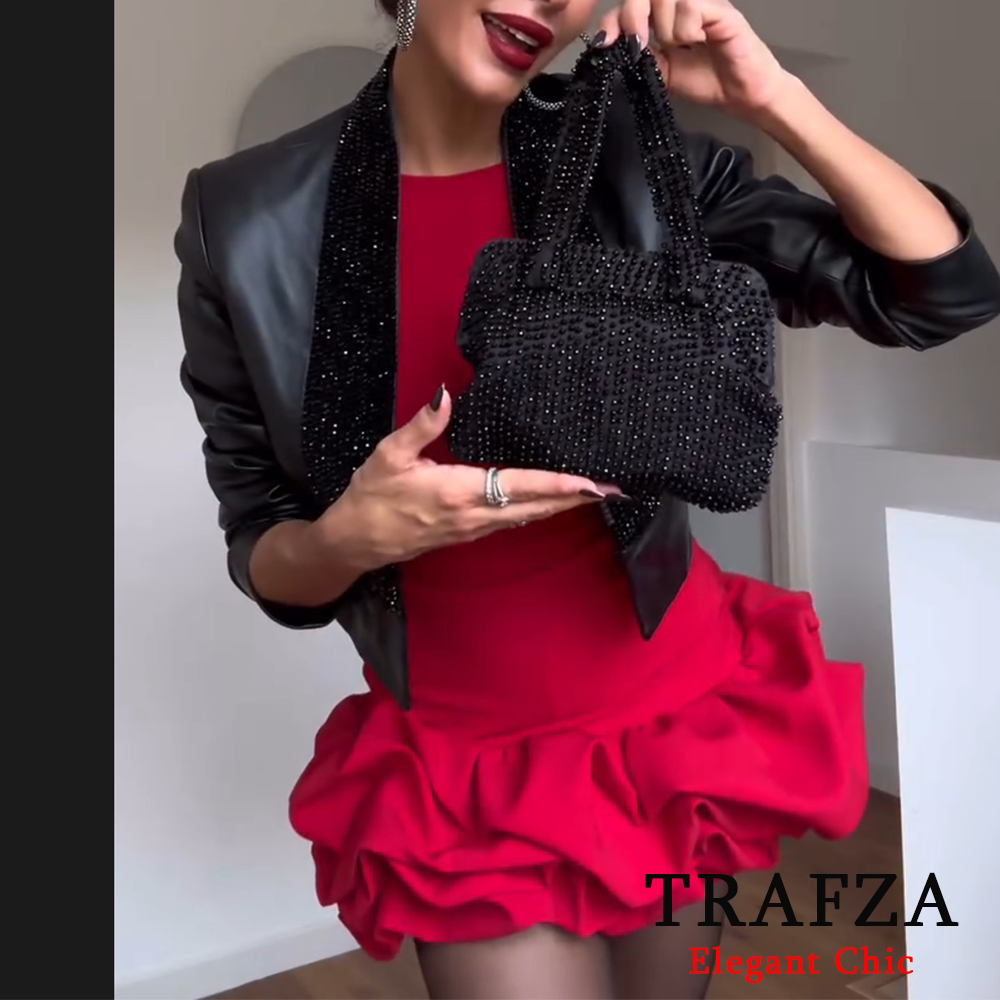 TRAFZA Sexy Blanco sólido flor Bud escalonado rojo Mini vestido pantalones de seguridad vestido de mujer nuevo 2025 Primavera Verano moda vestido de fiesta