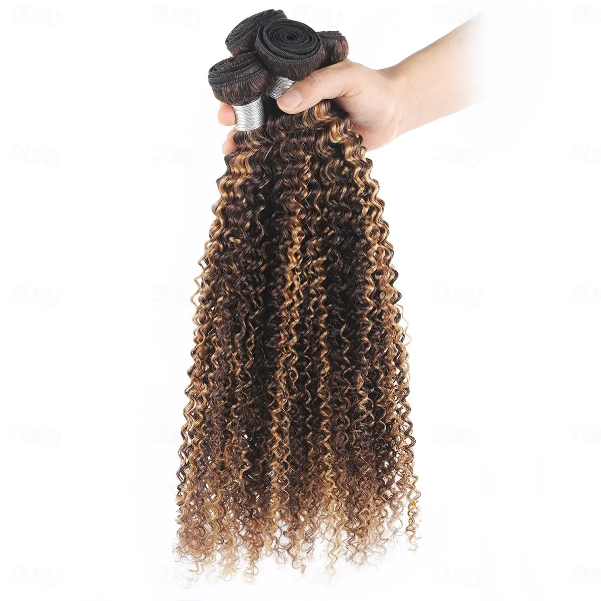 Elegante destaque p4/27 jerry encaracolado tecer cabelo humano pacotes kinky encaracolado mel loira brasileiro100% feixes de cabelo humano cru