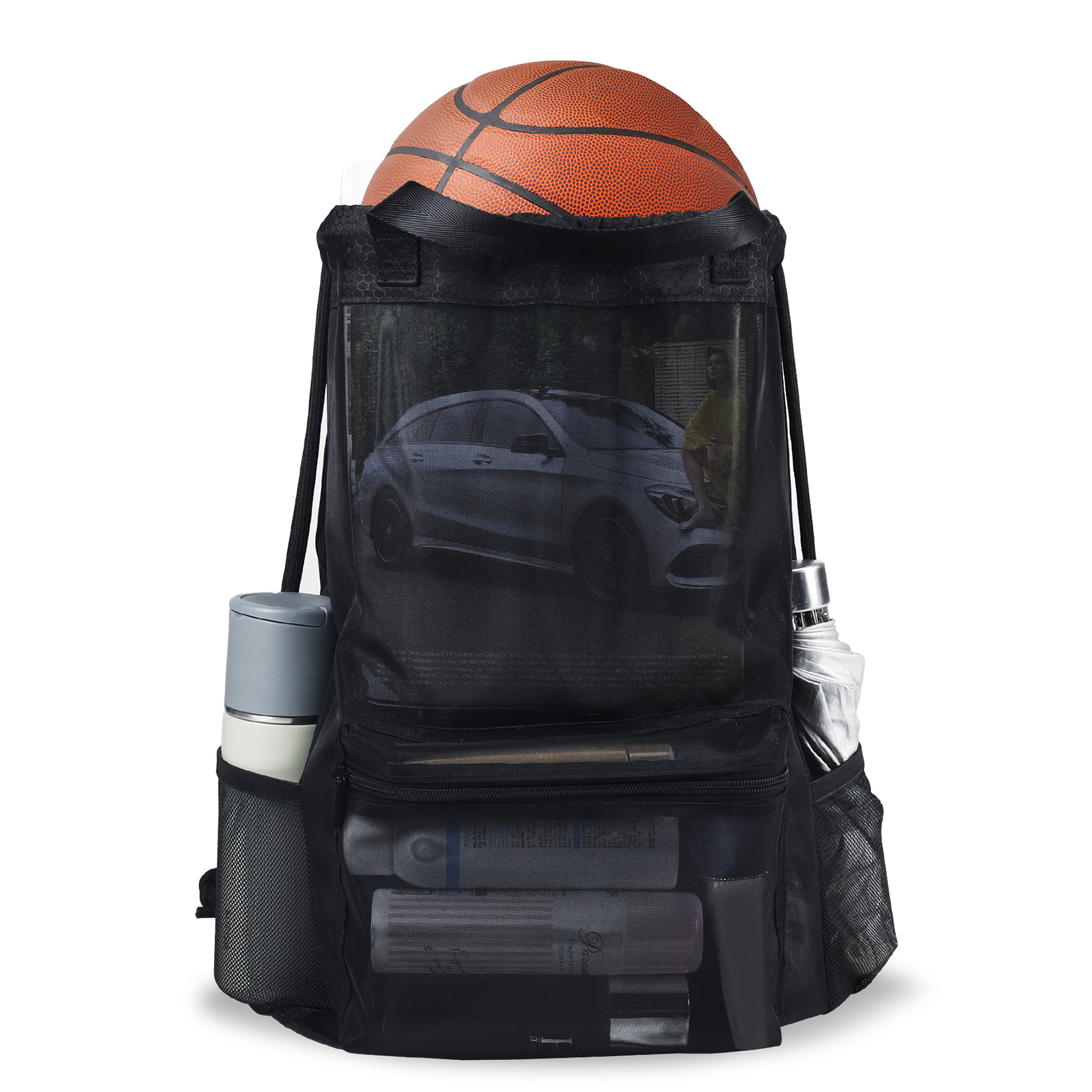 Aosbos Mesh Backpack for Men Women Casual Daypack Backpacks 35L Large Gym Drawstring Bags Semi-transparent for Travel Hiking