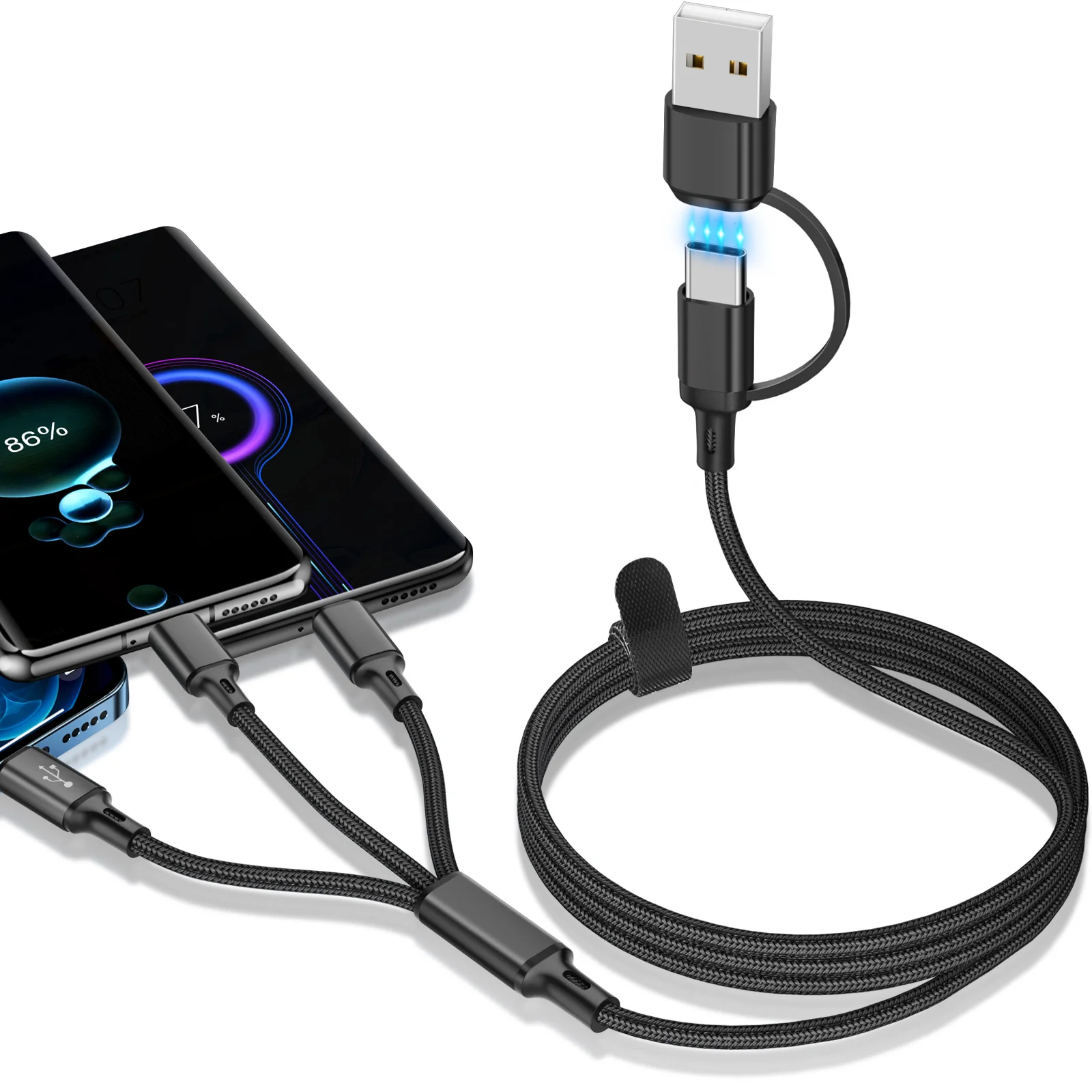 ANKNDO Cable de carga rápida 3 en 1 para Cable cargador Micro USB tipo C Cable de carga USB múltiple con puerto USB múltiple de 1,2 m