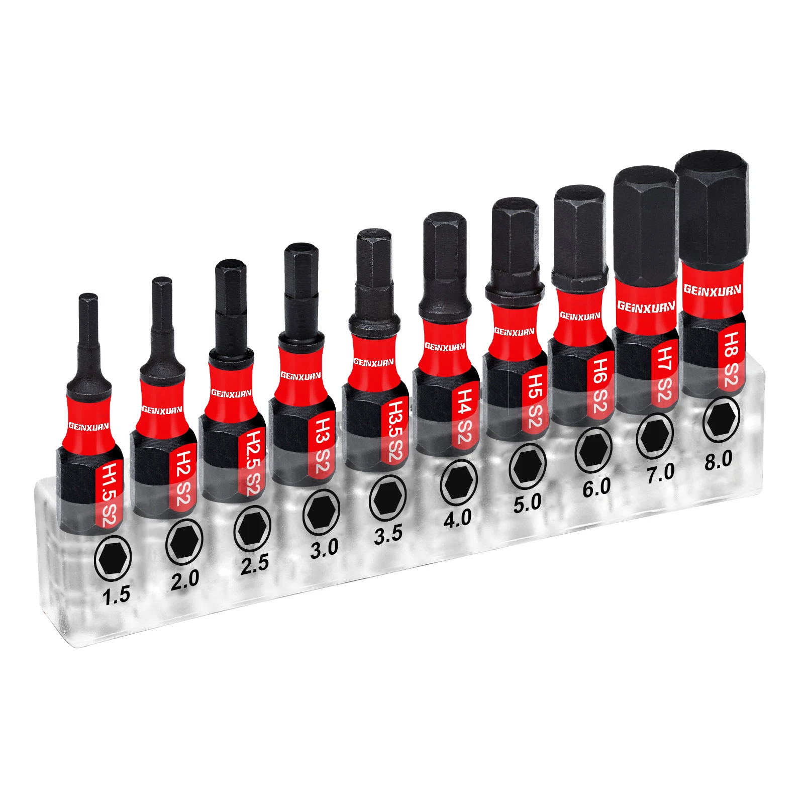 Geinxurn Juego de puntas de inserción métricas con cabeza hexagonal múltiple de 1 pulgada, juego de puntas de destornillador hexagonal de acero S2 con base y portapuntas de 3 pulgadas