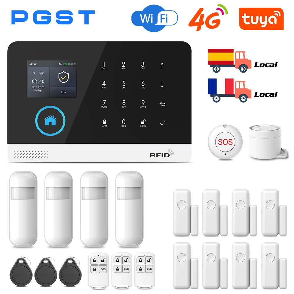 Pgst tuya sistema de alarme casa inteligente gsm wifi 4g sem fio vida inteligente controle app com alexa 433mhz sirene sensor porta segurança segura