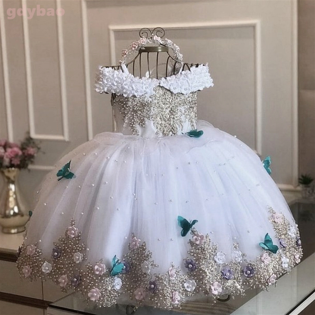 Robe de luxe en dentelle pour bébé fille, tenue d'anniversaire avec des perles, avec des appliques, princesse à fleurs, longue robe de bal de noël
