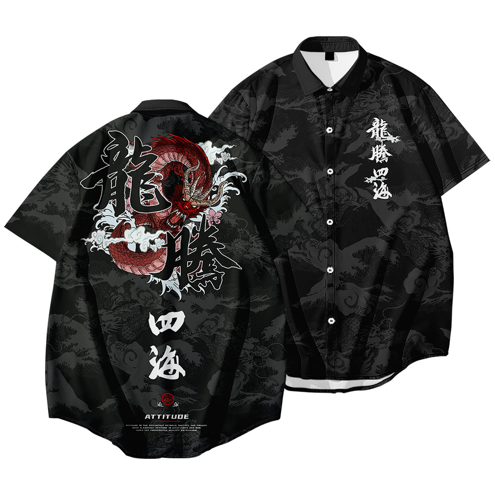2024 Hawaiian Shirt Men's Harajuku Black Dragon Tiger Print Ethnic Fashion Oversized Ropa Hombre Camisa Manga Corta