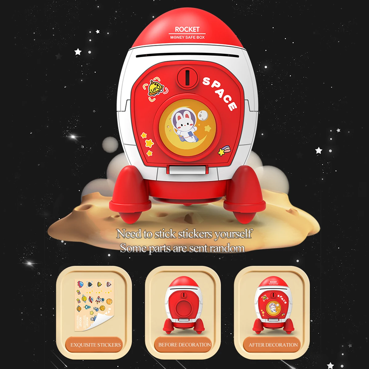 Piggy Bank Toys, Rocket Spacecraft Large Capacity Key Unlocking Puzzle Toy 3 Color could be Chosen, Gifts for 3+ Boys and Girls
