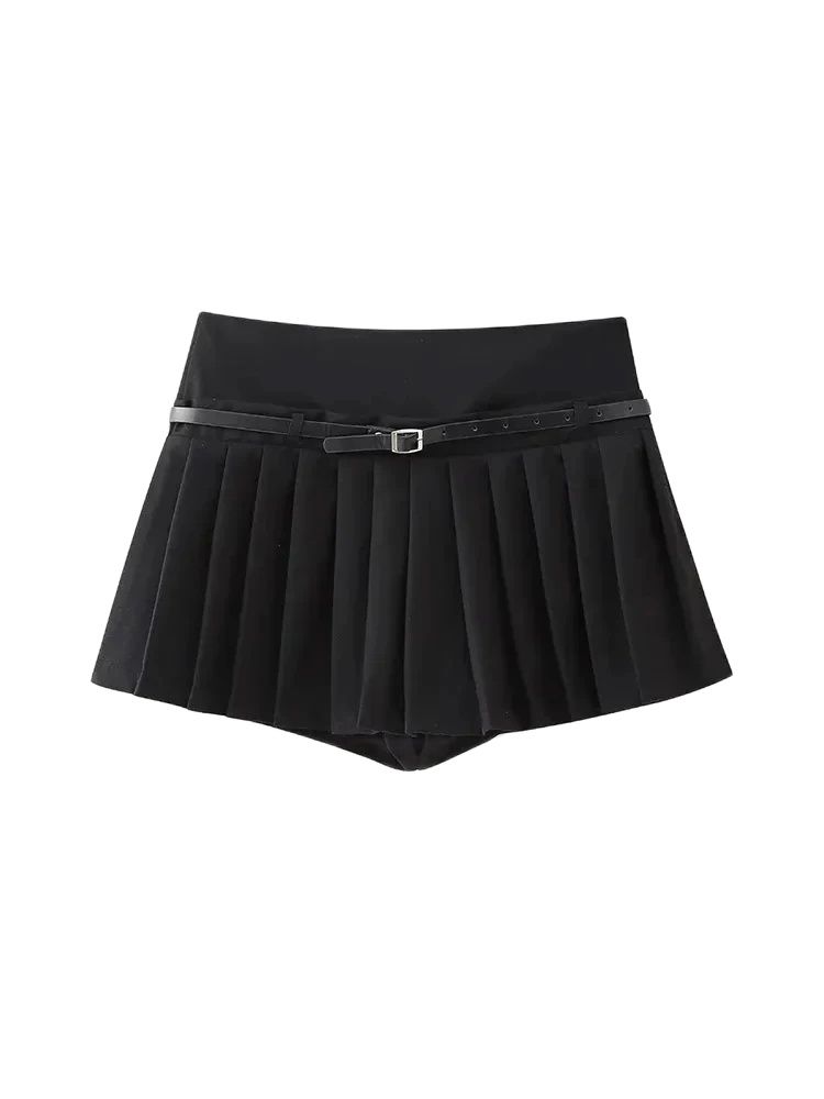 Saias curtas plissadas para mulheres com cinto, zíper lateral, cintura média, saia feminina, moda chique