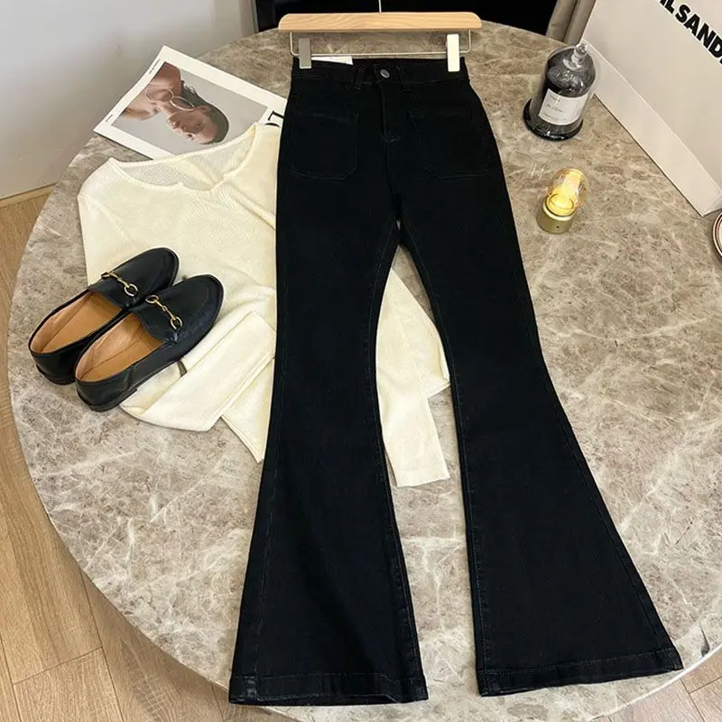Pantalones vaqueros holgados de cintura alta para mujer, Vaqueros ajustados con bolsillos, acampanados, clásicos, elásticos, rectos, combinan con todo