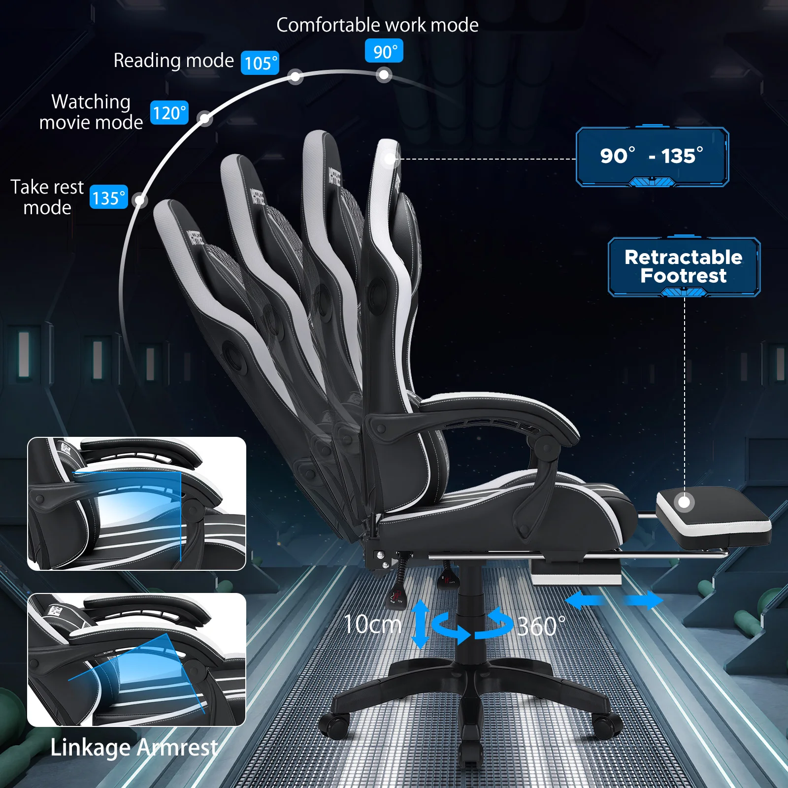 Krzesło do gier Głośnik Bluetooth Krzesło biurowe Ergonomiczne oświetlenie LED Masaż Regulowana wysokość Podłokietniki Zagłówek Podparcie lędźwiowe