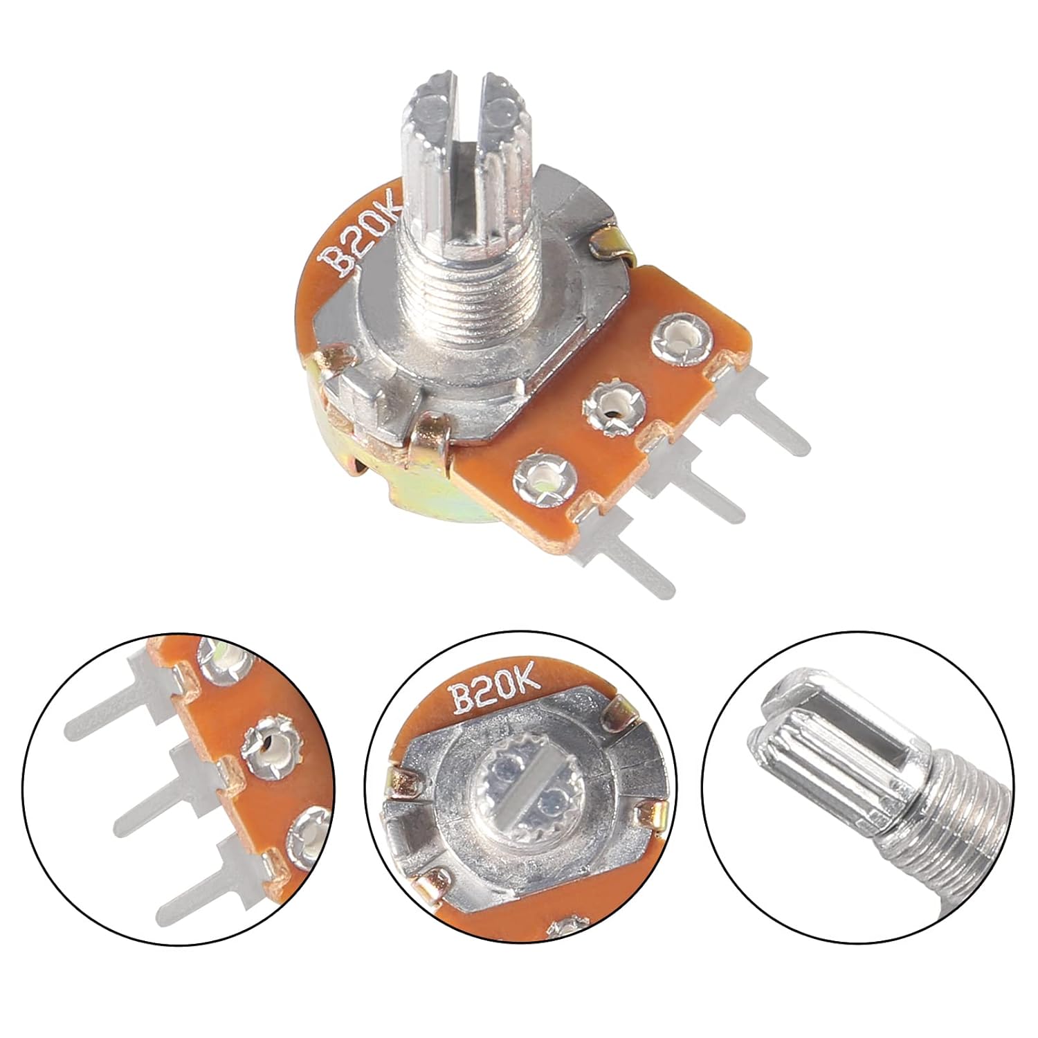 5 Juegos WH148 15mm 3 pines potenciómetro giratorio cónico lineal resistencia 1K 2K 5K 10K 20K 50K 100KΩ Ohm para Arduino con perilla blanca AD2