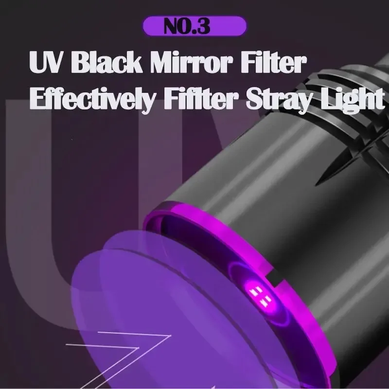 Leistungsstarke 365 NM UV-Taschenlampe, USB wiederaufladbar, wasserdicht, violettes Licht, UV-Taschenlampe für Haustier-Urinflecken-Detektor, Verwendung von 18650-Batterien