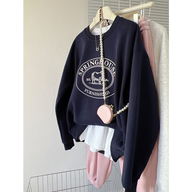 Ins Sle Women's Fleece Lined Letter Embroidered Loose Sweatshirt Thickened Autumn Winter New Arrival Korean Version Casual Top