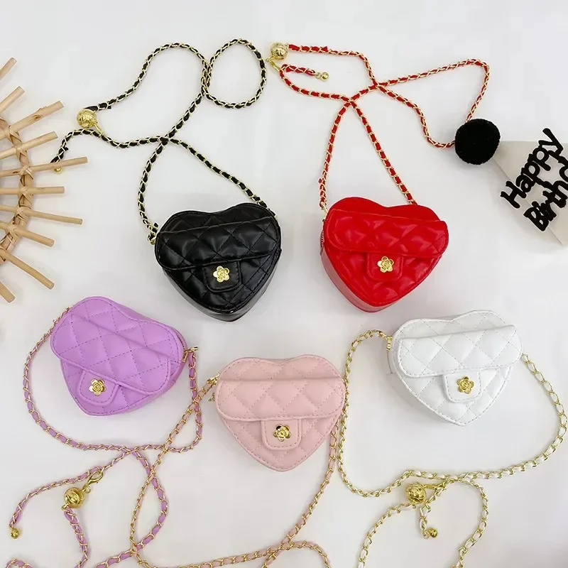 Bolso de hombro acolchado a cuadros con forma de corazón para niños, bolsos de mensajero con cadena de AMOR para niñas, monedero de princesa linda, moda