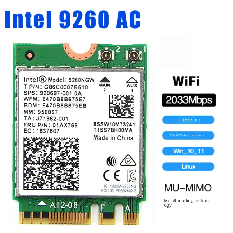 9260 WiFi 5 Tarjeta de red inalámbrica Bluetooth 5.0M.2 9260NGW 2033Mbps 802.11AC Portátil de doble banda 2.4G 5G Windows 10 11