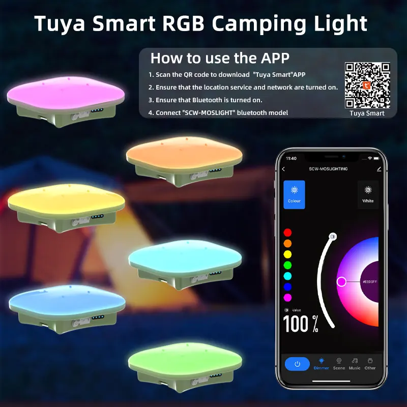 Linterna inteligente recargable para acampada, iluminación LED RGB con Control por Bluetooth, sincronización de música por aplicación Tuya, 13500mAh, 80W, para exteriores