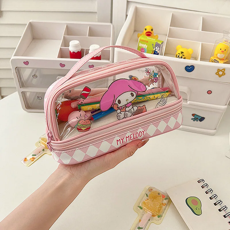 Kawaii cartoon Hellokity Kuromi large capacity transparent double-layer pencil case cartoon cute cinnamon stationery pencil case