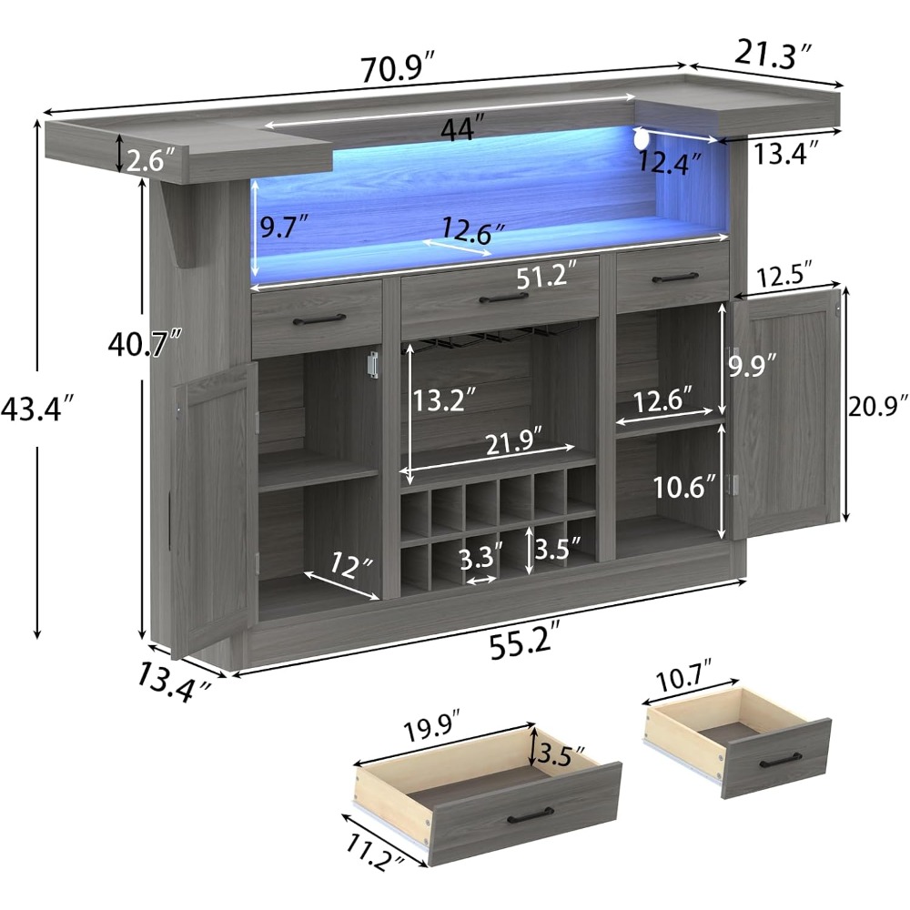 Bar Table Cabinet with LED & 3 Drawers,Liquor Bar with Adjustable Storage Shelves & Stemware Holders,Crescent Shaped Counter