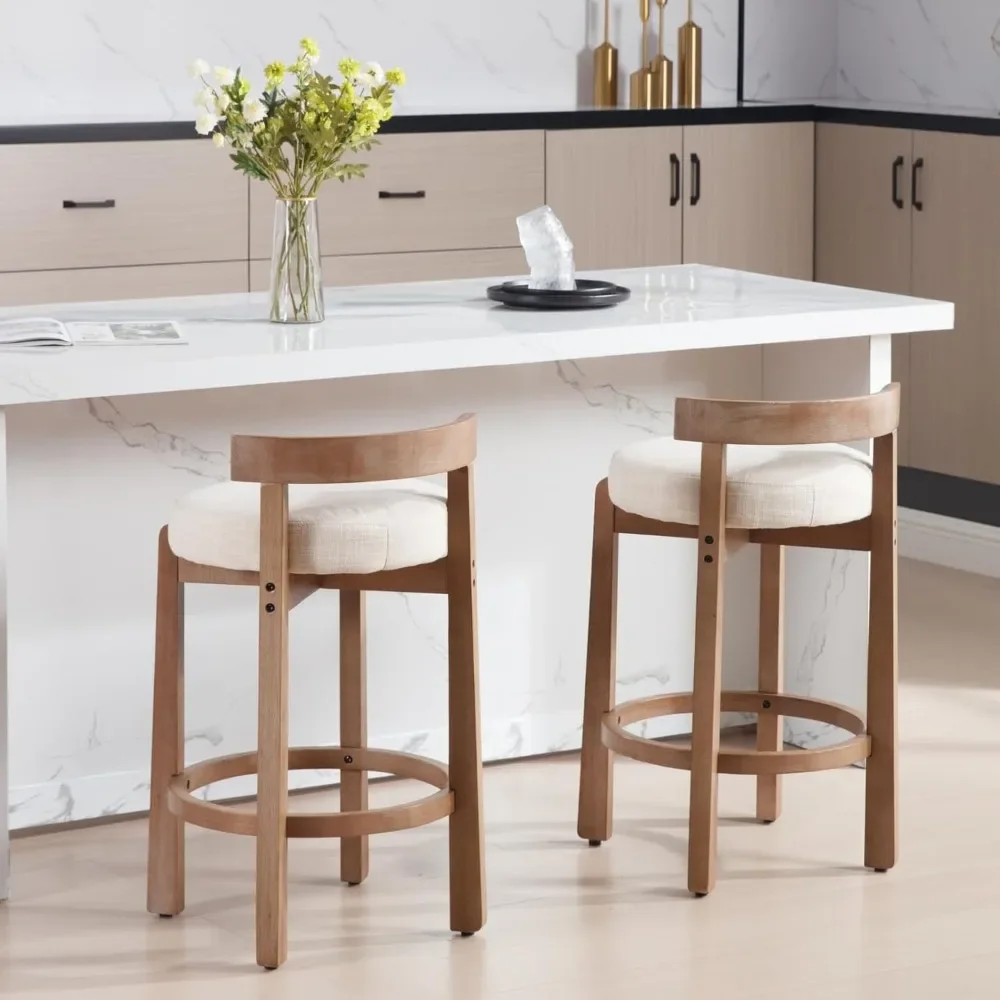Mid-Century Bar Stools Set of 4, 26.5 Inch Linen Counter Height Upholstered Barstools Bar Chairs with Solid Wooden Legs, Beige