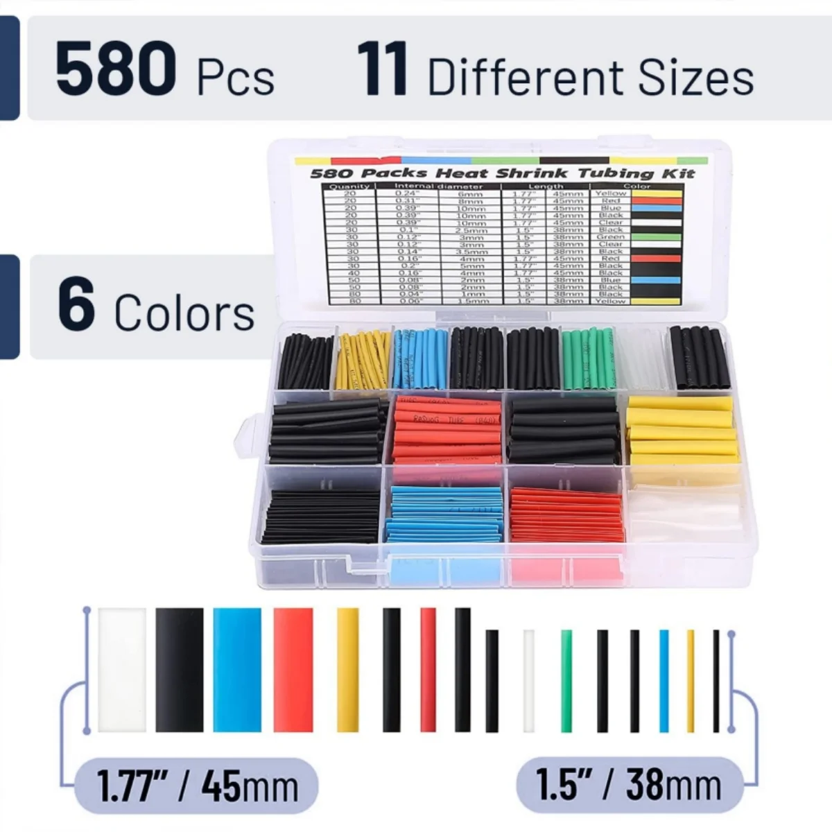 580 pcs 2:1 Heat Shrink Tubing Kit 6 Colors 11 Sizes Assorted Sleeving Tube Wrap Cable Wire Kit for DIY