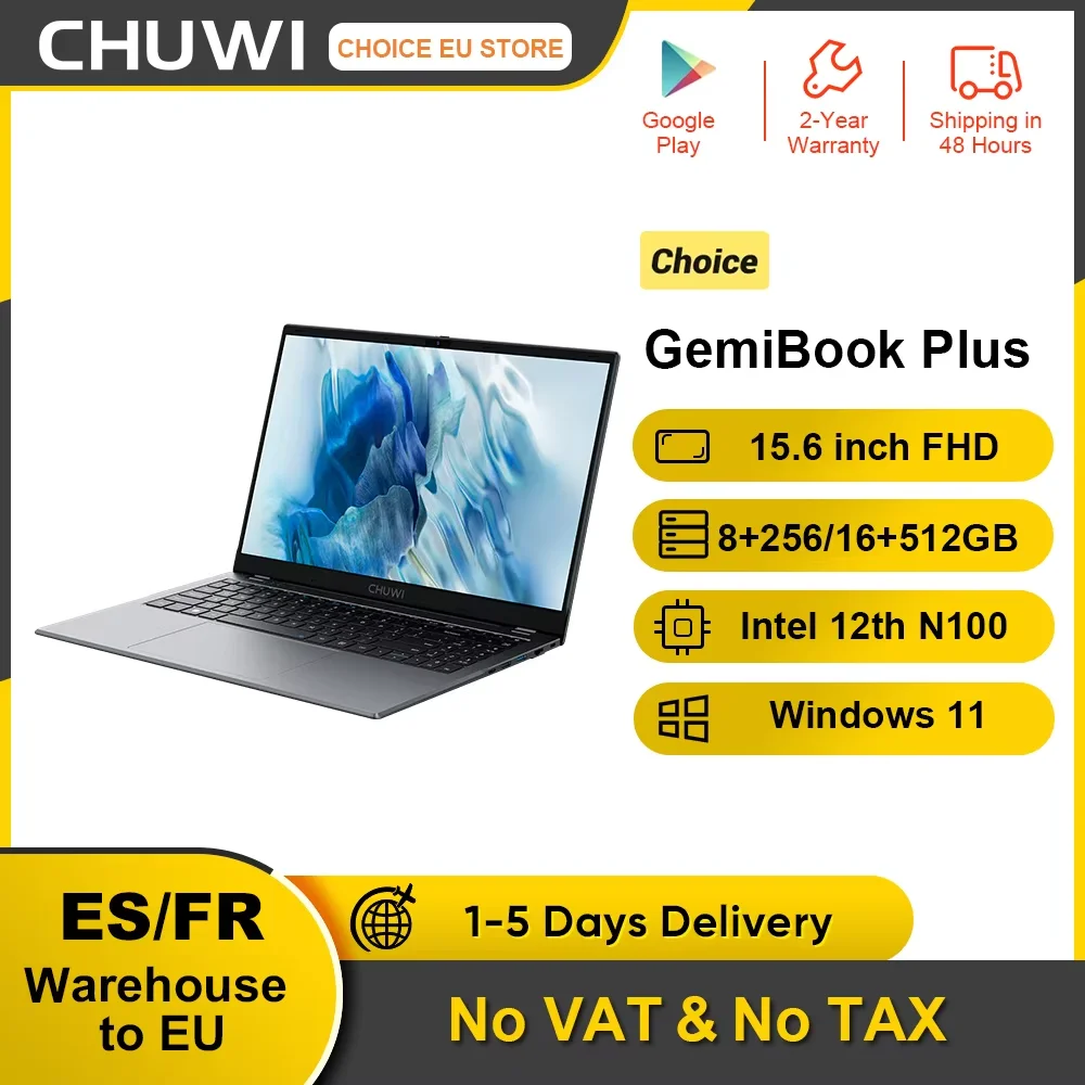 CHUWI GemiBook Plus Laptop Intel N150/N100 Schermo FHD da 15,6 pollici 1920*1080 16GB LPDDR5 512GB SSD Windows 11 WIFI 6 M.2 Fino a 1T