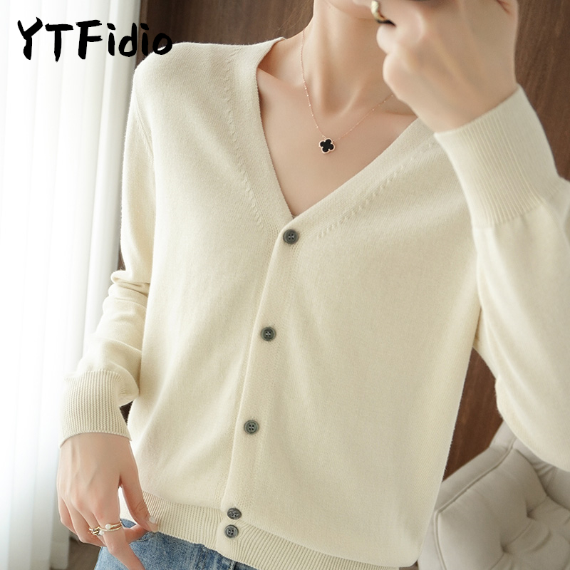 YTFidio 100% algodão feminino manga comprida top com decote em V casaco malhas casaco recortado cardigans suéteres sólidos casuais eam 202