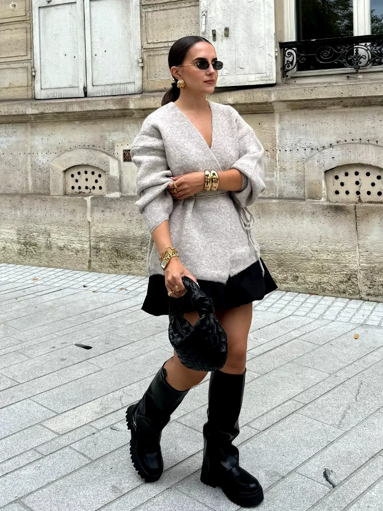 Cárdigans de punto con cuello en V para mujer, suéter de manga larga con cordones, informal, holgado, a la moda, otoño e invierno, 2024