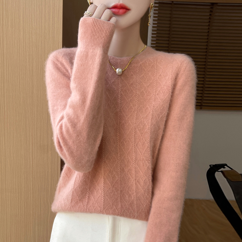 Autumn Winter 100% Wool Sweater Women Elegent O-neck Sweater Flower Long Sleeve Top Fashion Knit Female Pullover Pull Jumper