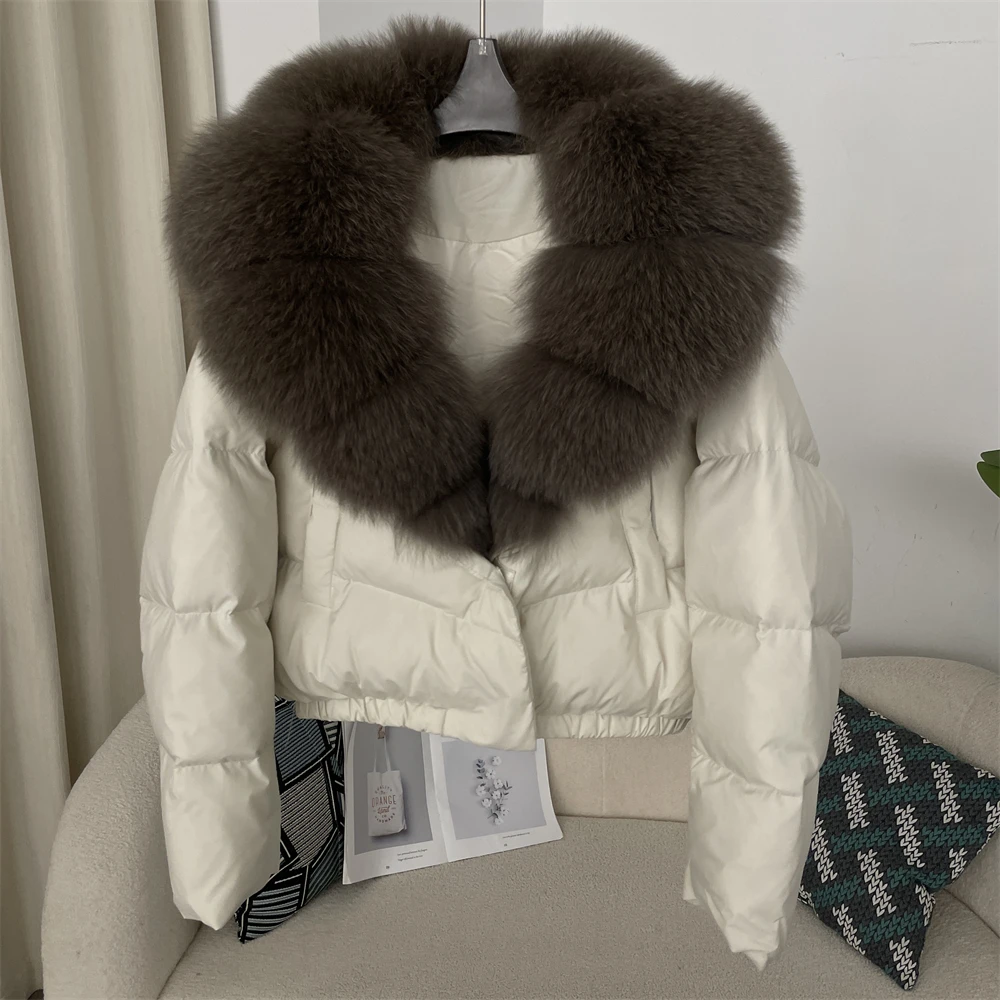 OFTBUY Korte Puffer Jas Dikke Nieuwe Grote Natuurlijke Echt Vossenbont Jas Vrouwen Herfst Winter Vrouwelijke Witte Eend Down Jas Veer