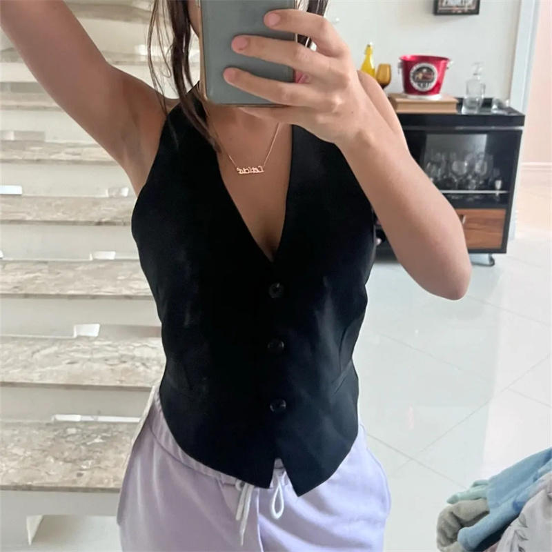 MUJER Schulterfreie ärmellose Weste für Damen, Schwarz, Weiß, abgeschnittene Weste, Damenmode, rückenfrei, V-Ausschnitt, kurze Mäntel, Sommerweste