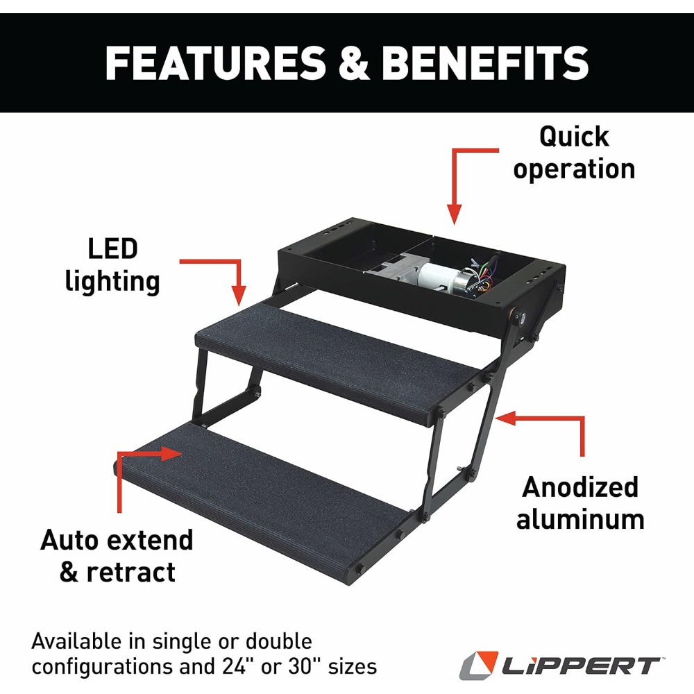 Tread Lite RV Power Steps - 24" Double Electric Foldout Step Configuration with LED Lighting, 8.5" Rise and Depth, Anti-Slip Co