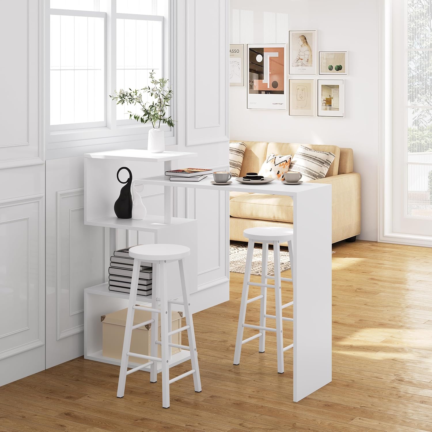Bartisch Stehtisch Bistrotisch Bartheke Tresentisch, mit 3 Ablageflächen, drehbar, Metall, MDF, 134 x 38 x 112 cm (W x T x H), Weiß