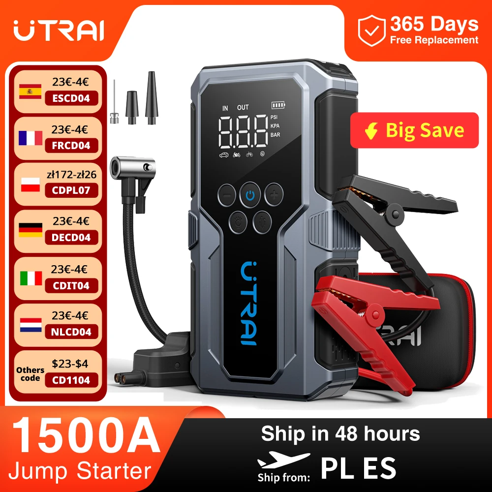 UTRAI 1500A Carro Jump Starter Power Bank Portátil 150PSI Bomba de ar Bateria de carro Boosteres de emergência Dispositivo de partida Carro Starter 2024