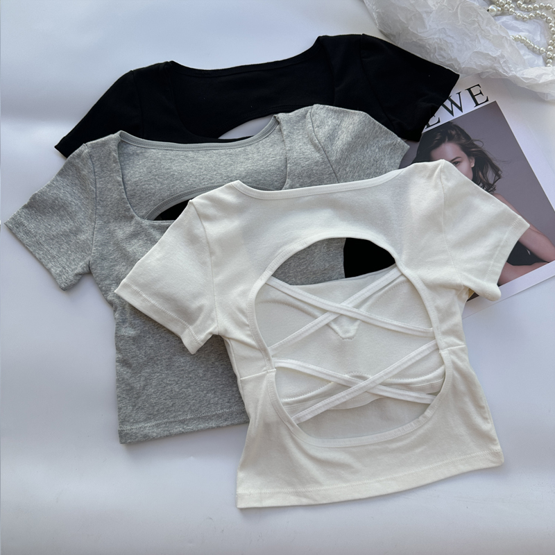 Camiseta para mujer, ropa con escote cuadrado, top corto de manga corta con sujetadores para mujeres y niñas, ropa de calle sexy, camisetas sin espalda
