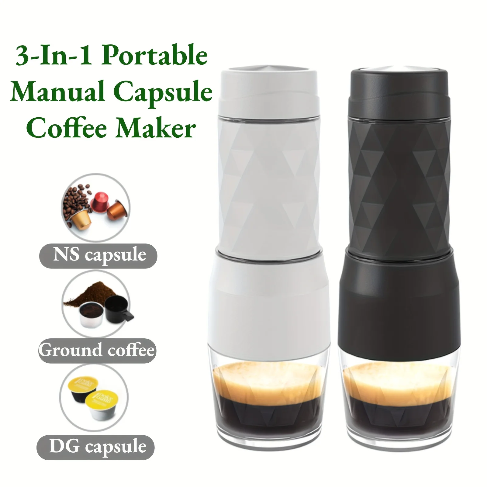 Cafetera portátil 3 en 1, cafetera Espresso Manual de agua caliente/fría para cápsulas y prensa Manual molida, cafetera para senderismo y viajes