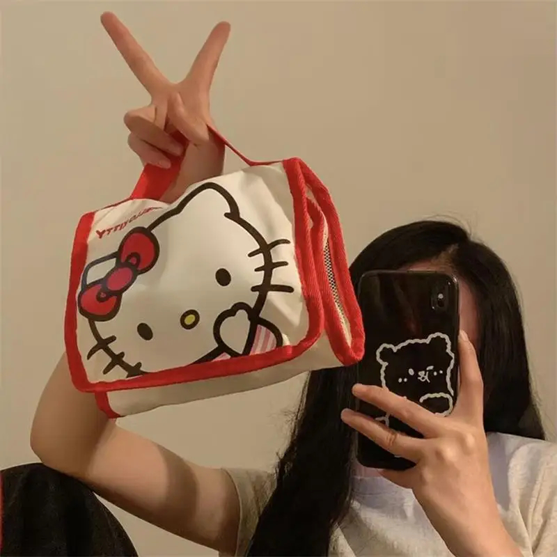 Sanrio Hello Kitty Kosmetiktasche, Cartoon-Motiv, niedlich, große Kapazität, faltbar, Aufbewahrung, Reisetasche, Kawaii, tragbar, kariert, Handtasche