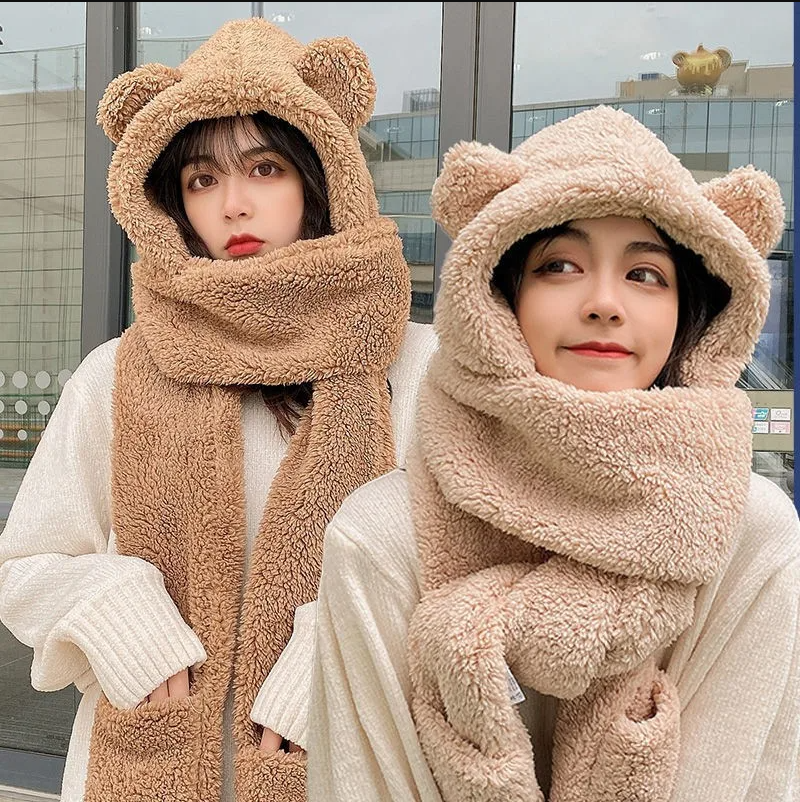 패션 겨울 여성 참신 Beanies 모자 따뜻한 곰 귀 모자 캐주얼 플러시 모자 스카프 세트 캐주얼 솔리드 여성 모자 선물