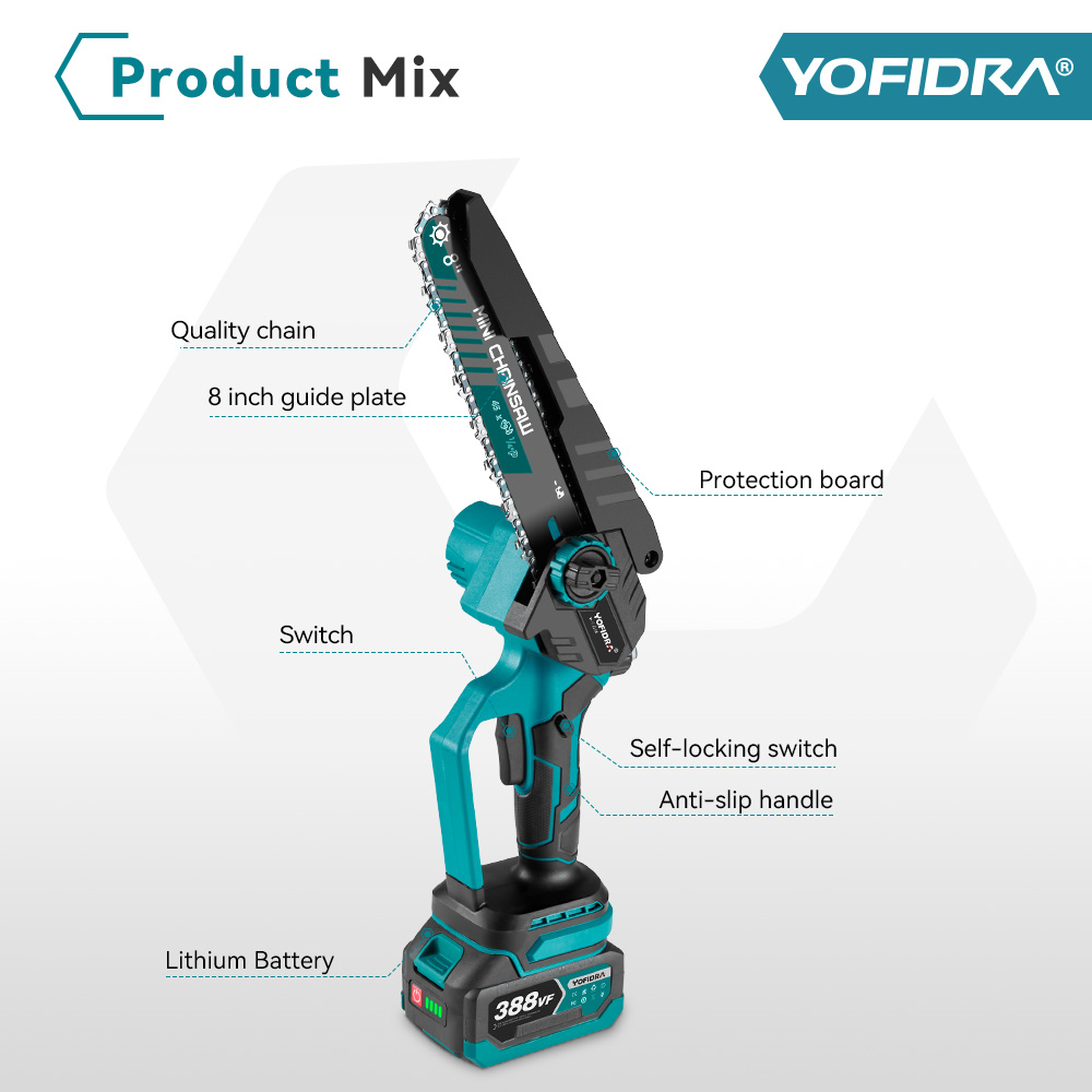 YOFIDRA 브러시리스 8 인치 전기 가지 치기 톱 전기 톱 충전식 목공 톱 전동 공구 21V 18V 배터리 핀에 적합