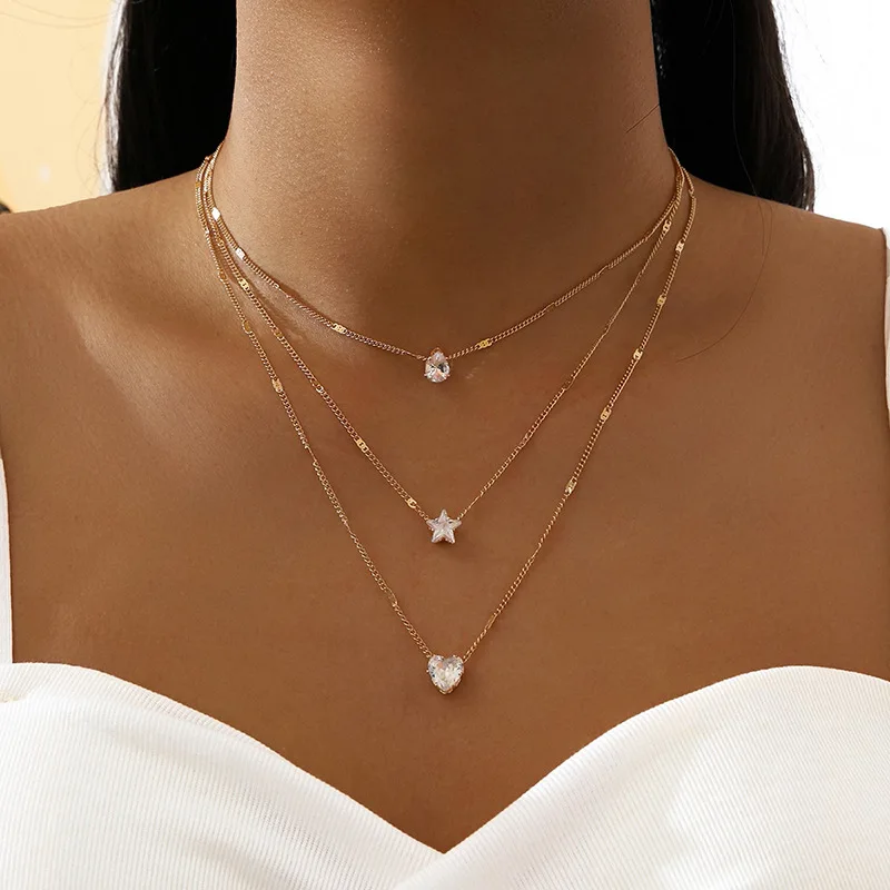 3 pezzi/set collana vintage con ciondolo a forma di cuore con strass lucidi per le donne, semplice multistrato, catena sottile, girocollo, gioielli da sposa