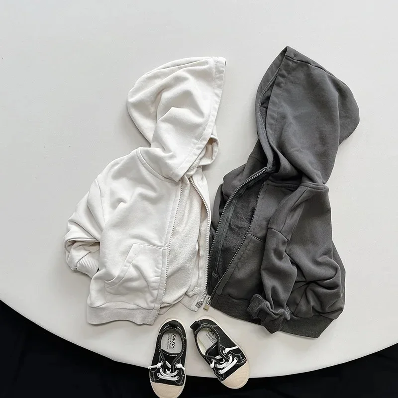 Jaket berkerudung anak laki-laki, Hoodie Solid kasual anak-anak musim semi baru 2025, mantel ritsleting bayi atasan anak-anak