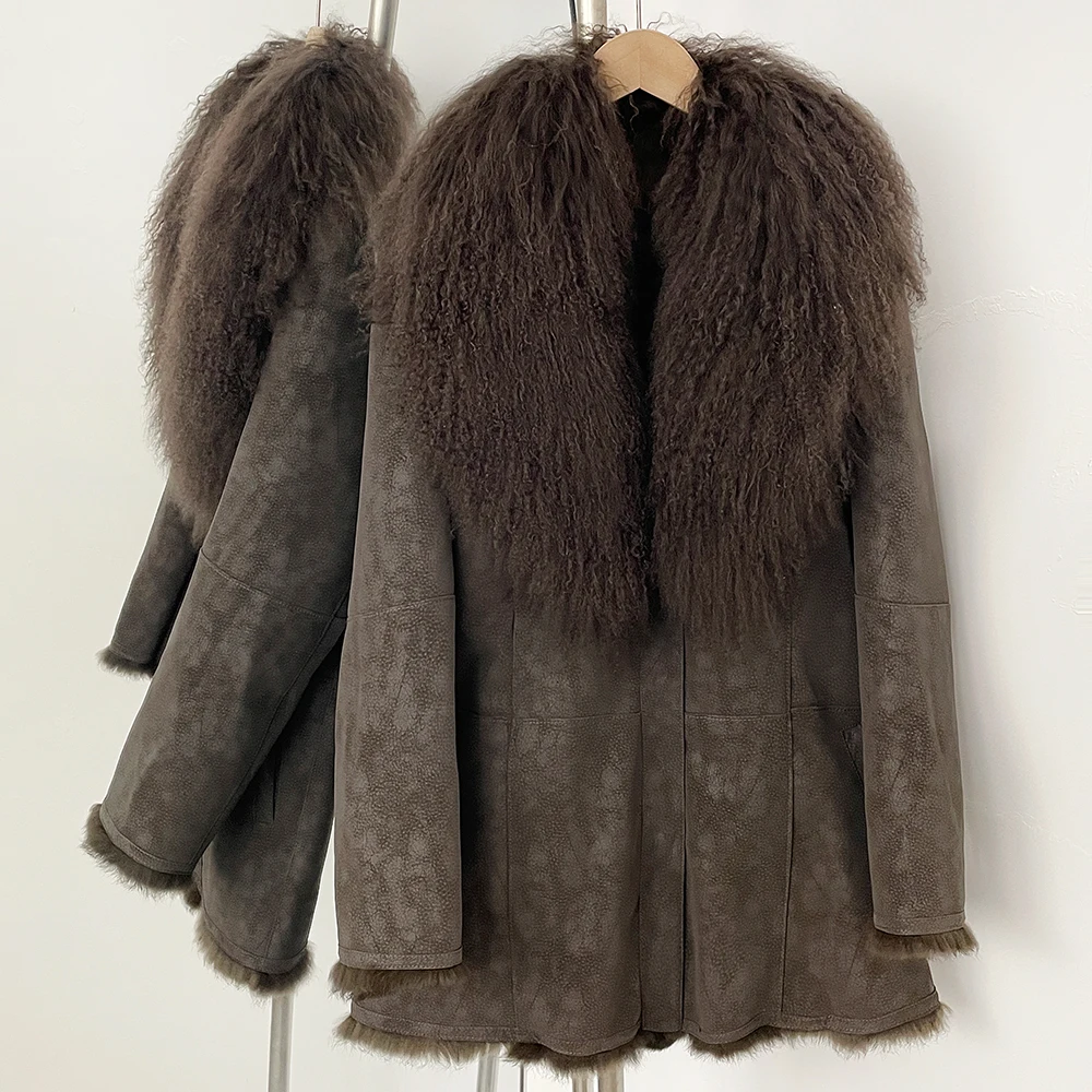 OFTBUY Echtpelz Jacke Wildleder Herbst Winter Echte Mongolischen Schafe Kragen Pelzmantel Frauen Kaninchen Fell Futter Langarm pelz trim