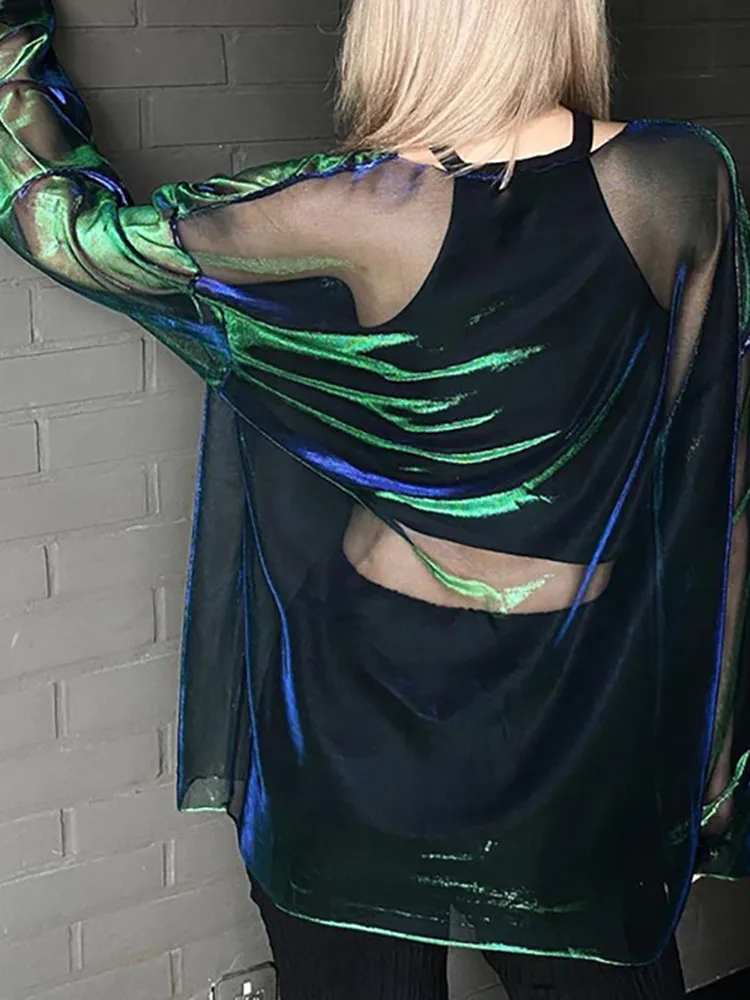 Ver através de camisetas para mulheres y2k roupas sexy colheita topos manga longa oversized tshirt o-pescoço clube outfit reflexivo egirl t