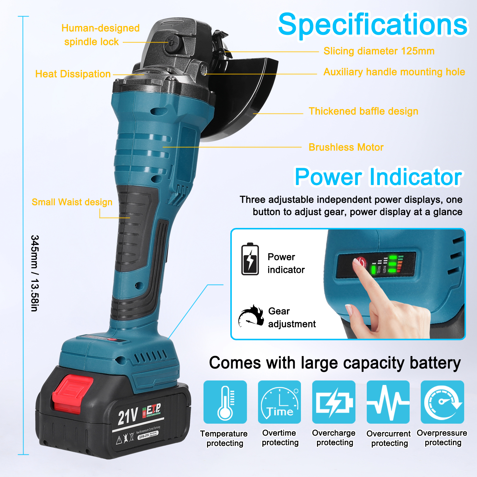 21V 125mm M14 Haakse Slijper Borstelloze Motor Elektrische Slijpgereedschap Multifunctionele Lithium Snijmachine Utility Power Tool fo