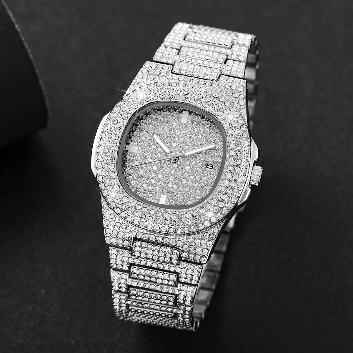 Montre-bracelet à quartz en acier inoxydable pour homme avec calendrier, montres de sport pour homme, diamant complet, luxe