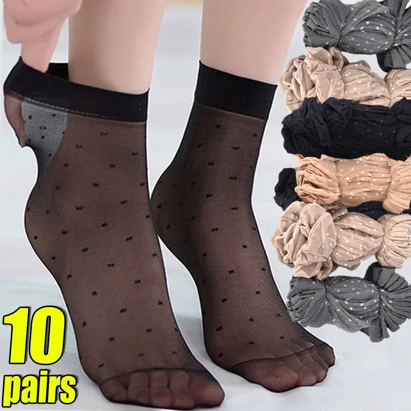 Damen-Sommersocken aus Seide, transparent, gepunktet, Spitze, kurz – atmungsaktiv, ultradünn, elastisch, rutschfest, sexy Strümpfe, 5/10 Paar