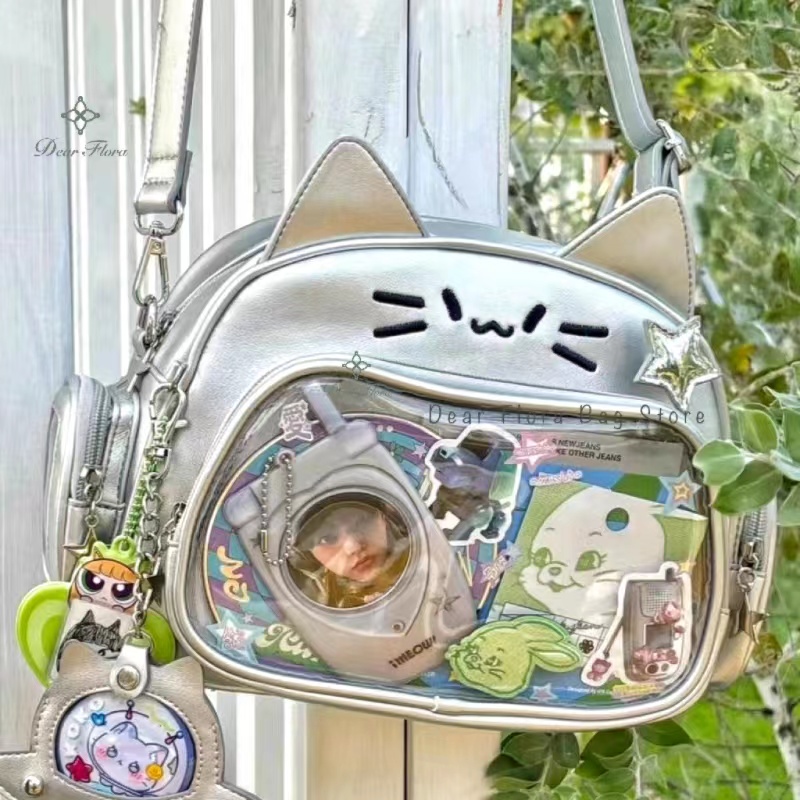 Y2K-mochila de gato plateado japonés para adolescentes, Bolsa Escolar bonita, bolsa de viaje de bolsillo transparente para niñas dulces, mochila para niños y mujeres