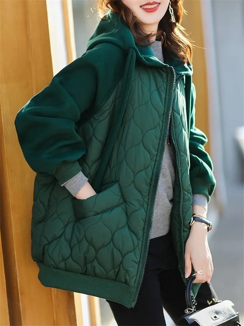 Luz para baixo terno de algodão 2025 inverno nova versão coreana temperamento mãe pacote acolchoado jaqueta com capuz solto roupas de algodão feminino x
