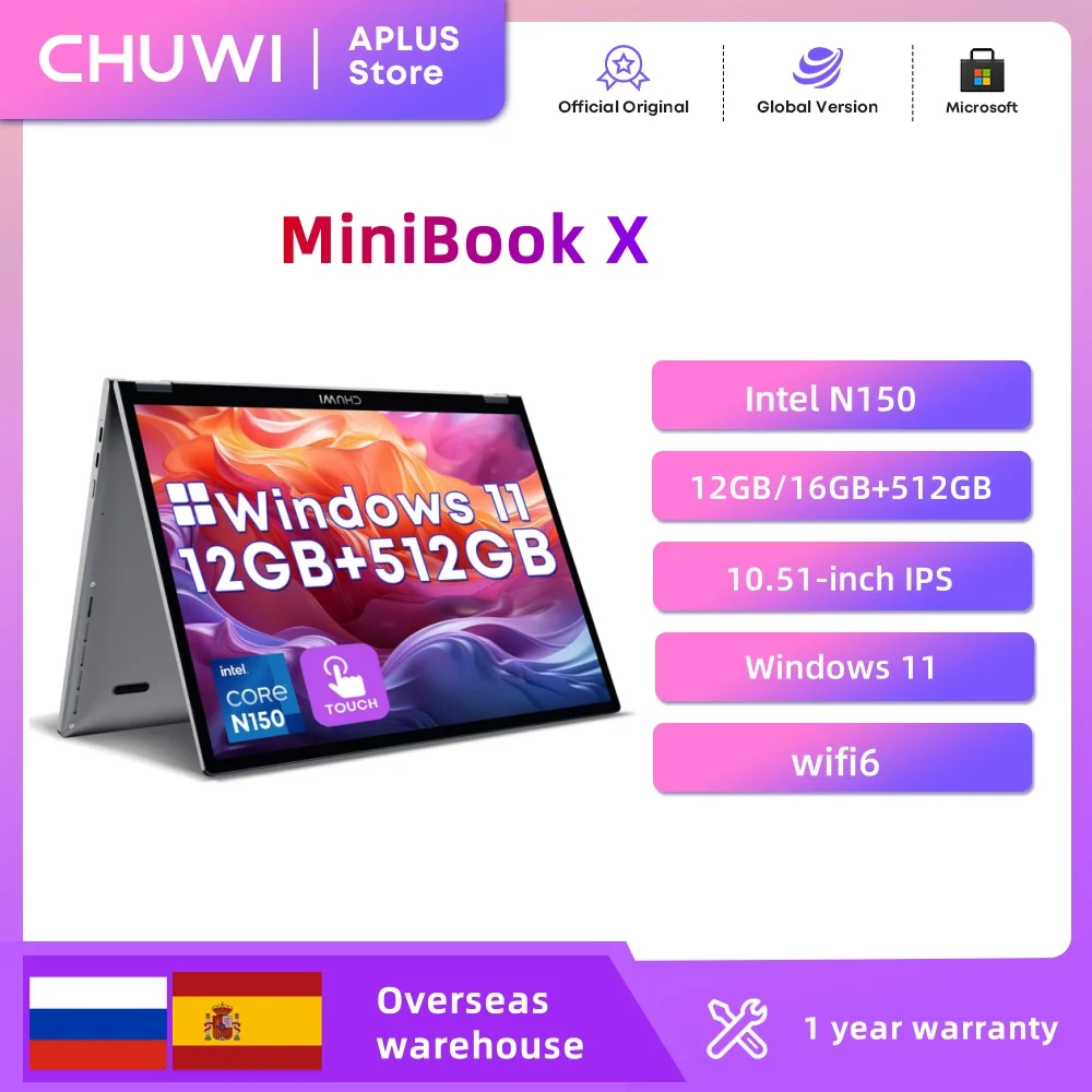 CHUWI 미니북 X 2-in-1 노트북 인텔 N150(최대 3.6GHz) 512GB ROM 12GB/16GB LPDDR5 10.51인치 2K FHD IPS 윈도우 11 노트북